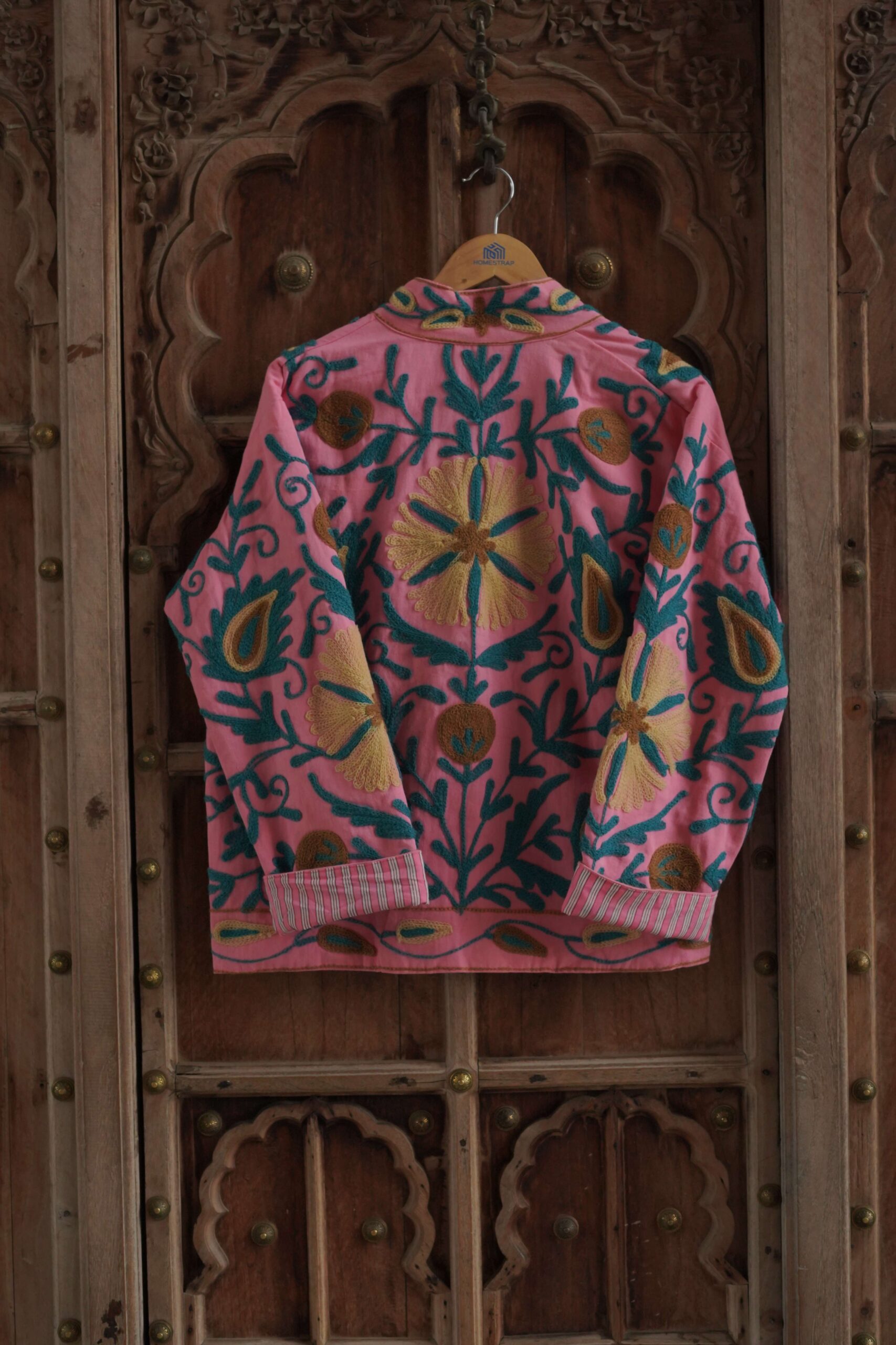 Womens Pink Velvet Embroidered Jacket with Floral Design - Image 8