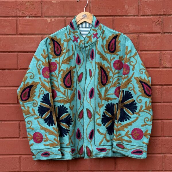 Womens Teal Blue Velvet Embroidered Jacket with Floral Design