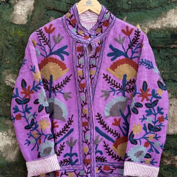 Womens Purple Velvet Embroidered Jacket with Floral Design