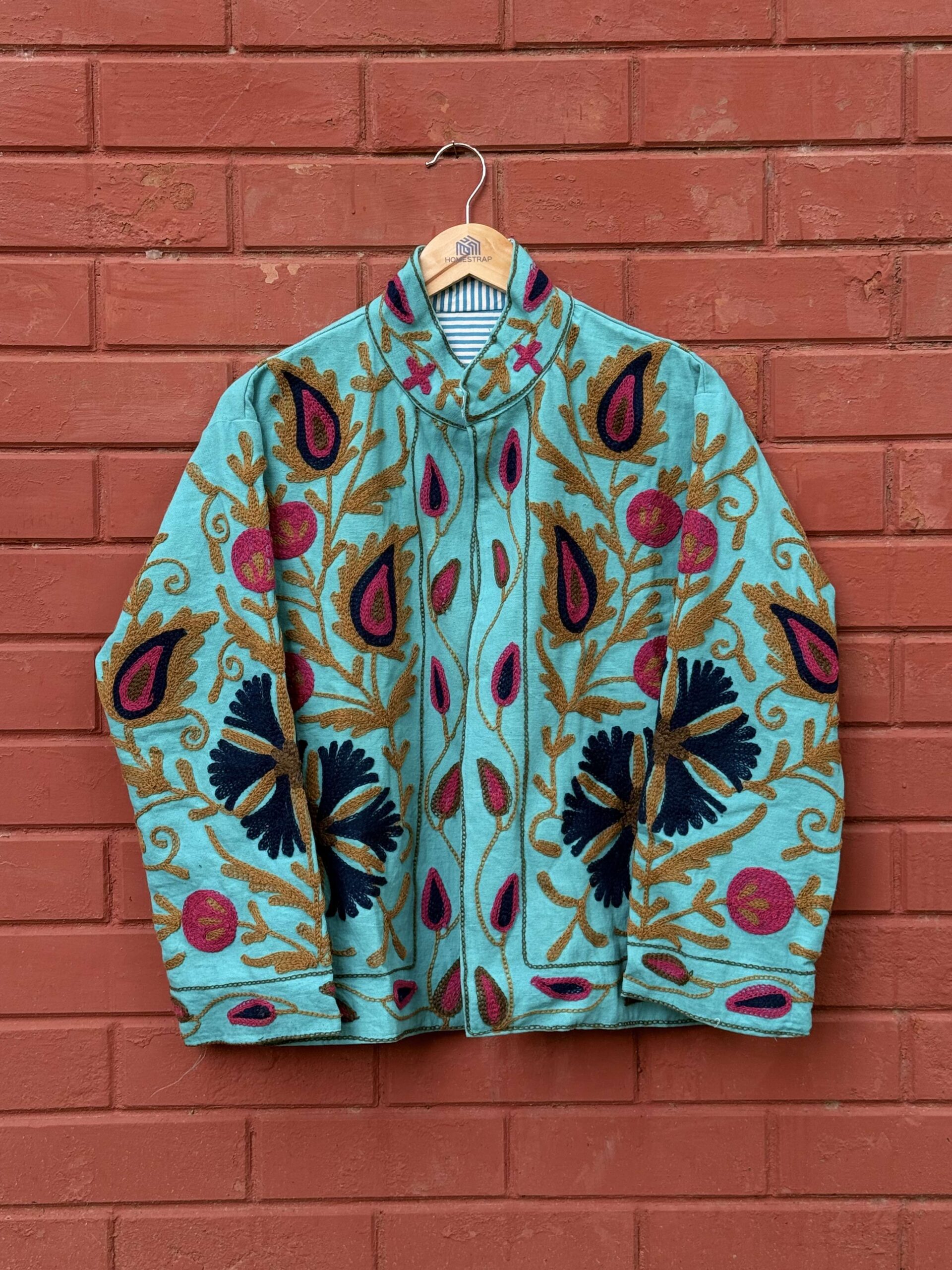 Womens Teal Blue Velvet Embroidered Jacket with Floral Design - Image 4